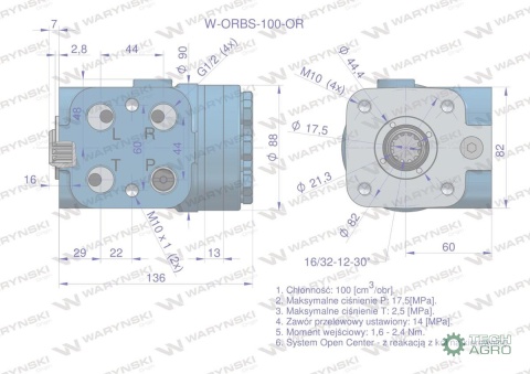 Orbitrol hydrauliczny W-ORBS-OR 100 cm3/obr z zaworami (System Open Center - z reakcją z kół na kierownicę) Waryński