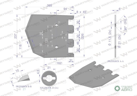 Lemiesz 237 mm, listwowy lewy szerokośćwyorywania 540, zastosowanie Grimme, Waryński
