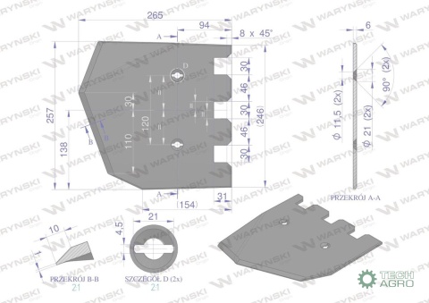 Lemiesz 257 mm, listwowy lewy szerokośćwyorywania 580, zastosowanie Grimme, Waryński