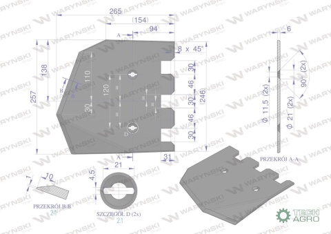 Lemiesz 257 mm, listwowy prawy szerokość wyorywania 580, zastosowanie Grimme, Waryński