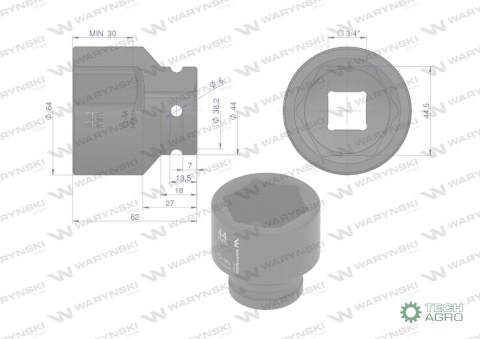 Nasadka udarowa sześciokątna 3/4". 44 mm. CrMo. DIN 3129. Waryński Nasadka udarowa sześciokątna 3/4". 44 mm. CrMo. DIN 3129. Waryński
