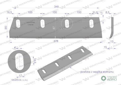 Nóż sieczkarni napawany lewy do trawy 380x90x8.5L otwory 4x35mm zastosowanie Claas Jaguar 9846700 WARYŃSKI Nóż sieczkarni napawany lewy do trawy 380x90x8.5L otwory 4x35mm zastosowanie Claas Jaguar 9846700 WARYŃSKI