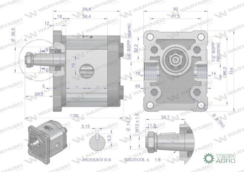 Pompa hydrauliczna zębata 11.0cm3 (grupa 2 - typ europejski) wałek 1:8 przyłącza gwintowane 1/2"-3/4" (obroty prawe) max.260 ba Pompa hydrauliczna zębata 11.0cm3 (grupa 2 - typ europejski) wałek 1:8 przyłącza gwintowane 1/2"-3/4" (obroty prawe) max.260 ba