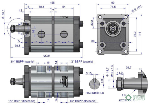Pompa hydrauliczna zębata podwójna 11+8 cm3 (grupa 2+2 - typ europejski) wałek 1:8 przyłącza gwintowane 1/2"-3/4" (obroty prawe Pompa hydrauliczna zębata podwójna 11+8 cm3 (grupa 2+2 - typ europejski) wałek 1:8 przyłącza gwintowane 1/2"-3/4" (obroty prawe