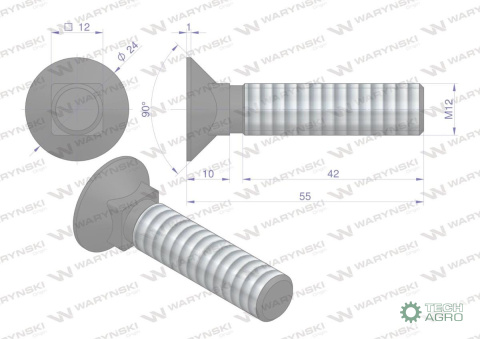 Śruba kpl. płużna podsadzana D 608 M12x55 mm kl.10.9 Waryński Śruba kpl. płużna podsadzana D 608 M12x55 mm kl.10.9 Waryński