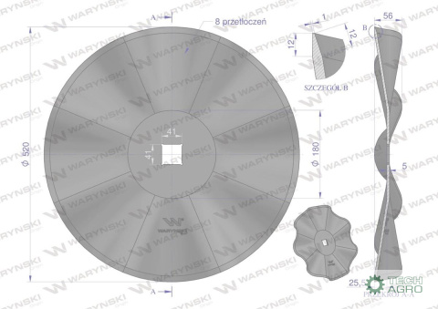 Talerz, prosty falowany gruba fala 510 otwór 30x30 grubość 5 mm stal borowa, Waryński Talerz, prosty falowany gruba fala 510 otwór 30x30 grubość 5 mm stal borowa, Waryński