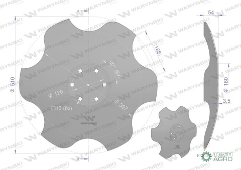 Talerz, skrajny lewy fi 510 mocowanie 6/120 grubość 3,5 mm stal borowa, Waryński Talerz, skrajny lewy fi 510 mocowanie 6/120 grubość 3,5 mm stal borowa, Waryński