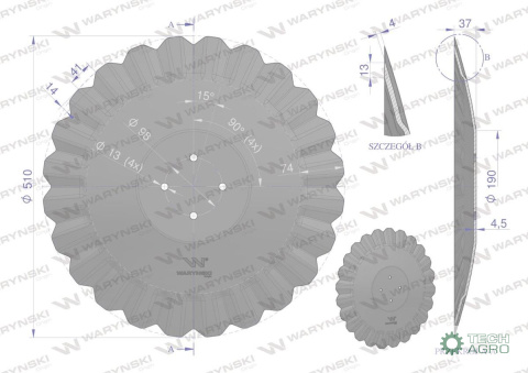 Talerz, tłoczony fi 510 mocowanie 4/98 grubość 4,5 mm stal borowa, Waryński Talerz, tłoczony fi 510 mocowanie 4/98 grubość 4,5 mm stal borowa, Waryński