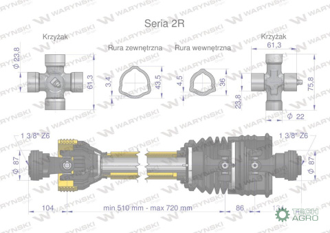 Wał przegubowo-teleskopowy 510-720mm 270Nm szerokokątny CE 2020 seria 2R WARYŃSKI Wał przegubowo-teleskopowy 510-720mm 270Nm szerokokątny CE 2020 seria 2R WARYŃSKI