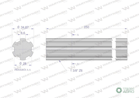 Wałek, WOM frezowany całościowo 250mm Z6 - 1 3/8, Waryński Wałek, WOM frezowany całościowo 250mm Z6 - 1 3/8, Waryński