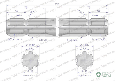Wałek, WOM frezowany dwustronnie 250mm Z6 - 1 3/8, Waryński Wałek, WOM frezowany dwustronnie 250mm Z6 - 1 3/8, Waryński