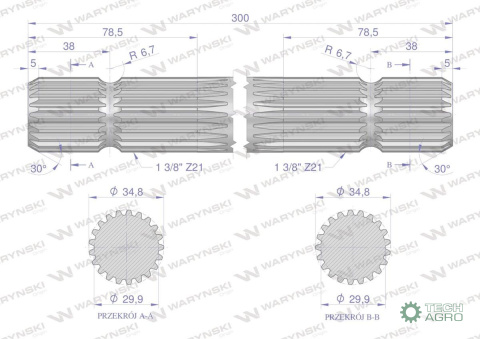 Wałek, WOM frezowany dwustronnie 300mm Z21 - 1 3/8, Waryński Wałek, WOM frezowany dwustronnie 300mm Z21 - 1 3/8, Waryński