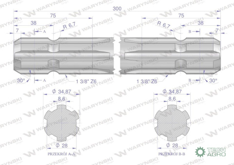 Wałek, WOM frezowany dwustronnie 300mm Z6 - 1 3/8, Waryński Wałek, WOM frezowany dwustronnie 300mm Z6 - 1 3/8, Waryński