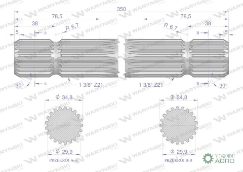 Wałek, WOM frezowany dwustronnie 350mm Z21 - 1 3/8, Waryński Wałek, WOM frezowany dwustronnie 350mm Z21 - 1 3/8, Waryński