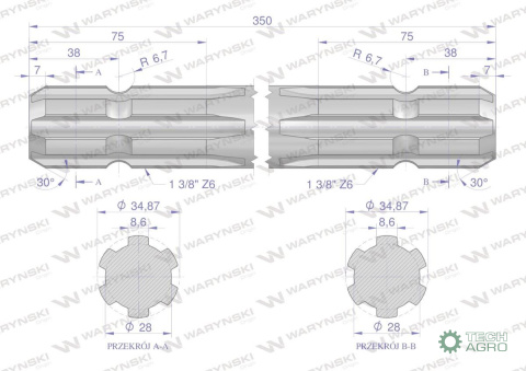 Wałek, WOM frezowany dwustronnie 350mm Z6 - 1 3/8, Waryński Wałek, WOM frezowany dwustronnie 350mm Z6 - 1 3/8, Waryński
