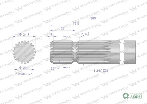 Wałek, WOM frezowany jednostronnie 300mm Z21 - 1 3/8, Waryński Wałek, WOM frezowany jednostronnie 300mm Z21 - 1 3/8, Waryński