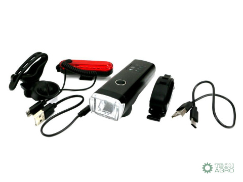 Zestaw lamp rowerowych LED przednia 2000 mAh i tylna 150mAh ładowane USB z klaksonem Teger Zestaw lamp rowerowych LED przednia 2000 mAh i tylna 150mAh ładowane USB z klaksonem Teger
