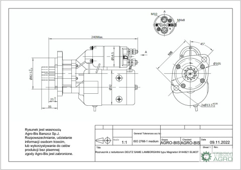 Rozrusznik z reduktorem DEUTZ, SAME LAMBORGHINI typu Magneton 9144821 Elmot Rozrusznik z reduktorem DEUTZ, SAME LAMBORGHINI typu Magneton 9144821 Elmot