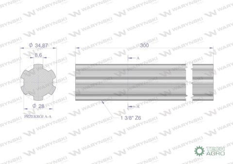 Wałek, WOM frezowany całościowo 300mm Z6 - 1 3/8, Waryński Wałek, WOM frezowany całościowo 300mm Z6 - 1 3/8, Waryński