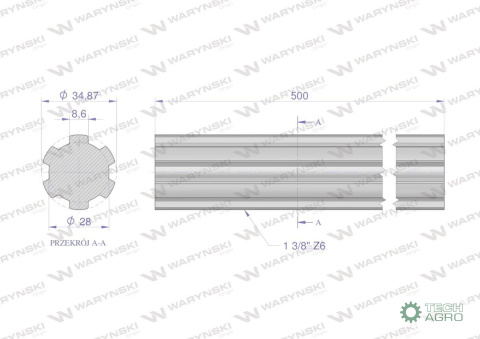 Wałek, WOM frezowany całościowo 500mm Z6 - 1 3/8, Waryński Wałek, WOM frezowany całościowo 500mm Z6 - 1 3/8, Waryński