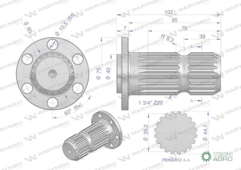 Wałek, WOM z kołnierzem na 6 otworów adapter Z20 - 1 3/4, Waryński Wałek, WOM z kołnierzem na 6 otworów adapter Z20 - 1 3/4, Waryński