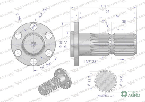Wałek, WOM z kołnierzem na 6 otworów adapter Z21 - 1 3/8, Waryński Wałek, WOM z kołnierzem na 6 otworów adapter Z21 - 1 3/8, Waryński