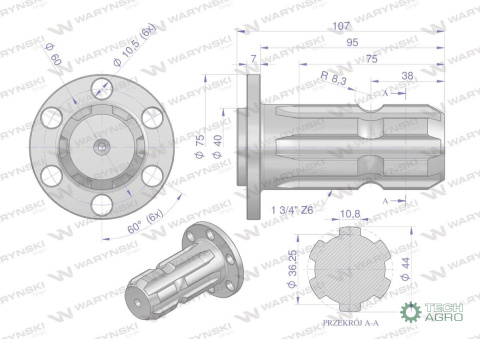 Wałek, WOM z kołnierzem na 6 otworów adapter Z6 - 1 3/4, Waryński Wałek, WOM z kołnierzem na 6 otworów adapter Z6 - 1 3/4, Waryński