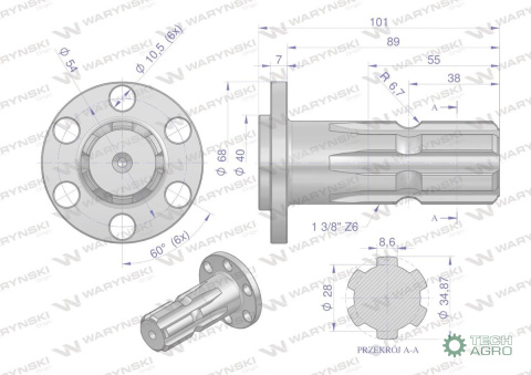 Wałek, WOM z kołnierzem na 6 otworów adapter Z6 - 1 3/8, Waryński Wałek, WOM z kołnierzem na 6 otworów adapter Z6 - 1 3/8, Waryński