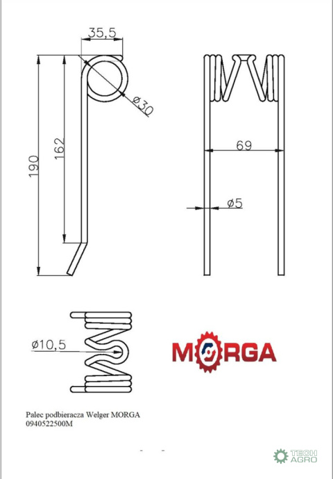 Palec podbieracza Welger 0940522500 malowane proszkowo MORGA Palec podbieracza Welger 0940522500 malowane proszkowo MORGA