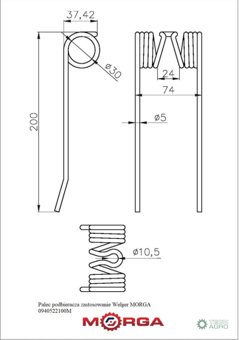 Palec podbieracza zastosowanie Welger 0940522100 malowane proszkowo MORGA Palec podbieracza zastosowanie Welger 0940522100 malowane proszkowo MORGA