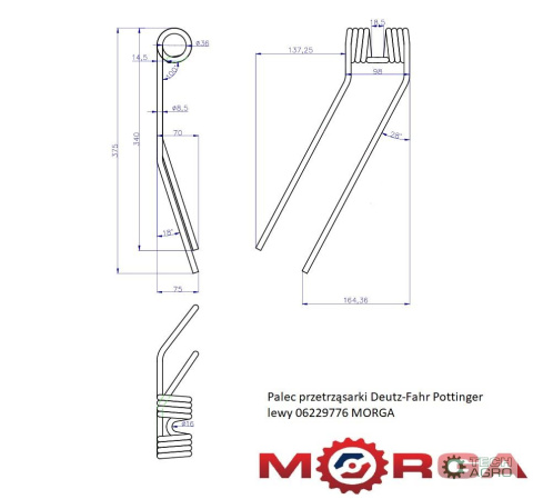 Palec przetrząsarka Deutz-Fahr Pottinger lewy 06229776 malowane proszkowo MORGA Palec przetrząsarka Deutz-Fahr Pottinger lewy 06229776 malowane proszkowo MORGA