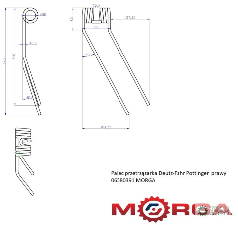 Palec przetrząsarka Deutz-Fahr Pottinger prawy 06580391 malowane proszkowo MORGA Palec przetrząsarka Deutz-Fahr Pottinger prawy 06580391 malowane proszkowo MORGA