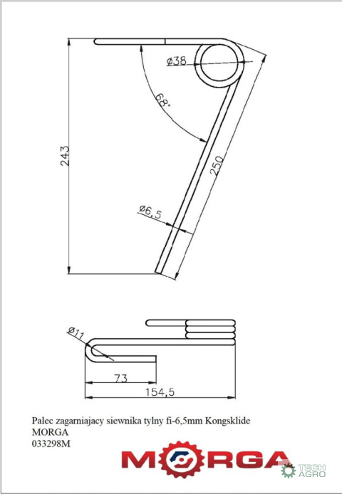 Palec zagarniajacy siewnika tylny fi-6,5mm Kongsklide Demeter Classic 033298 MORGA Palec zagarniajacy siewnika tylny fi-6,5mm Kongsklide Demeter Classic 033298 MORGA