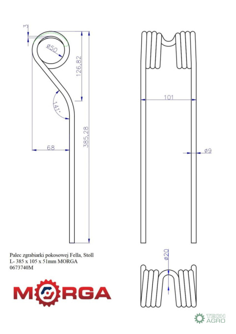 Palec zgrabiarki pokosowej Fella, Stoll 0673740 L- 385 x 105 x 51mm malowane proszkowo MORGA Palec zgrabiarki pokosowej Fella, Stoll 0673740 L- 385 x 105 x 51mm malowane proszkowo MORGA