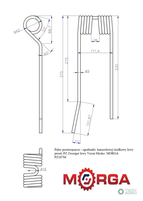 Palec przetrząsaczo - zgrabiarki karuzelowej środkowy lewy prosty PZ Zweeger lewy L 330/375 X 113 X 9 Vicon Mesko malowane pro Palec przetrząsaczo - zgrabiarki karuzelowej środkowy lewy prosty PZ Zweeger lewy L 330/375 X 113 X 9 Vicon Mesko malowane pro