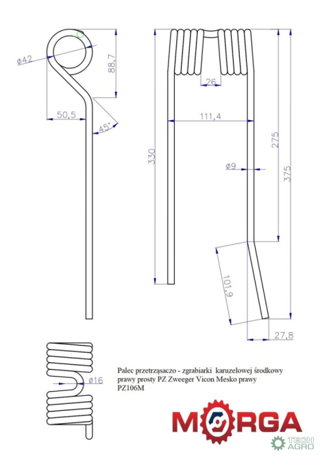 Palec przetrząsaczo - zgrabiarki karuzelowej środkowy prawy prosty PZ Zweeger Vicon Mesko prawy L 375 X 113 X 9 malowane prosz Palec przetrząsaczo - zgrabiarki karuzelowej środkowy prawy prosty PZ Zweeger Vicon Mesko prawy L 375 X 113 X 9 malowane prosz