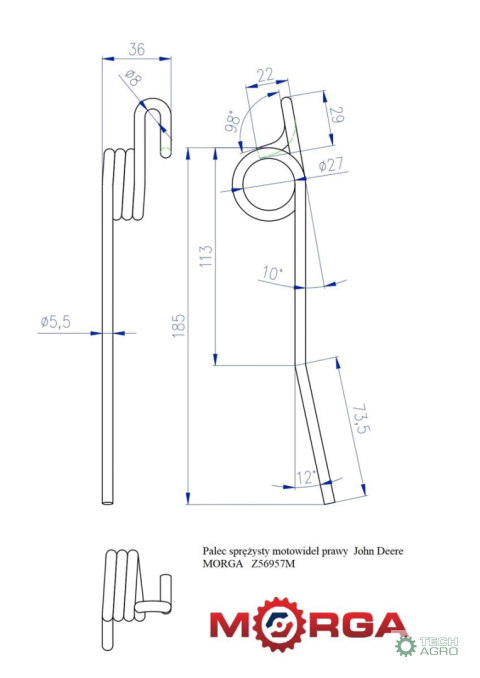 Palec sprężysty motowideł prawy Z56957 L 220 MM John Deere malowane proszkowo MORGA Palec sprężysty motowideł prawy Z56957 L 220 MM John Deere malowane proszkowo MORGA