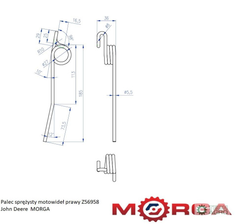 Palec sprężysty motowideł prawy Z56958 L 210 MM John Deere malowane proszkowo MORGA Palec sprężysty motowideł prawy Z56958 L 210 MM John Deere malowane proszkowo MORGA