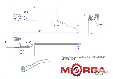 Palec zgrabiarki pokosowej Deutz Fahr L 587mm 9mm malowane proszkowo MORGA Palec zgrabiarki pokosowej Deutz Fahr L 587mm 9mm malowane proszkowo MORGA