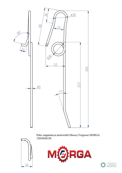 Palec nagarniacza motowideł Massey Ferguson malowane proszkowo MORGA Palec nagarniacza motowideł Massey Ferguson malowane proszkowo MORGA