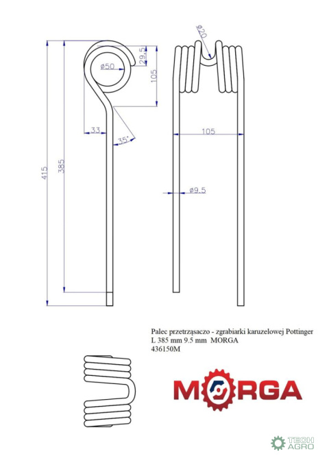 Palec przetrząsaczo - zgrabiarki karuzelowej Pottinger L 385 mm 9.5 mm malowane proszkowo MORGA Palec przetrząsaczo - zgrabiarki karuzelowej Pottinger L 385 mm 9.5 mm malowane proszkowo MORGA