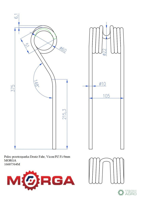 Palec przetrząsarka Deutz Fahr, Vicon/PZ Fi-9mm malowane proszkowo MORGA Palec przetrząsarka Deutz Fahr, Vicon/PZ Fi-9mm malowane proszkowo MORGA