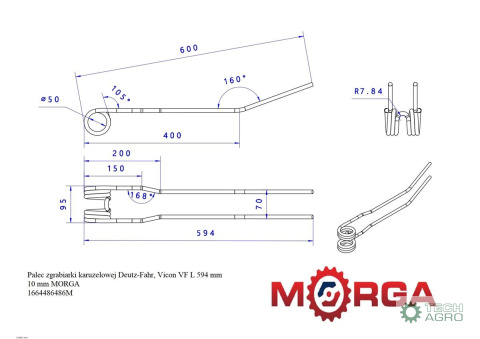 Palec zgrabiarki karuzelowej Deutz-Fahr, Vicon VF L 595 mm 10 mm malowane proszkowo MORGA Palec zgrabiarki karuzelowej Deutz-Fahr, Vicon VF L 595 mm 10 mm malowane proszkowo MORGA