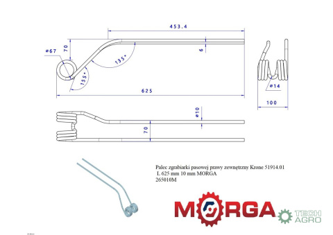 Palec zgrabiarki pasowej prawy zewnętrzny Krone 51914.01 malowane proszkowo L 625 mm 10 mm MORGA Palec zgrabiarki pasowej prawy zewnętrzny Krone 51914.01 malowane proszkowo L 625 mm 10 mm MORGA