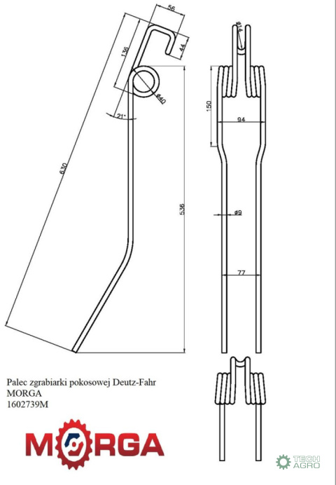 Palec zgrabiarki pokosowej Deutz-Fahr malowane proszkowo MORGA Palec zgrabiarki pokosowej Deutz-Fahr malowane proszkowo MORGA