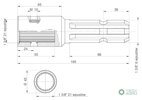Redukcja wałka WOM adapter z otworem zabezpieczającym 1 3/8" 21 wpustów na wałek 1 3/8" 6 wpustów MORGA Redukcja wałka WOM adapter z otworem zabezpieczającym 1 3/8" 21 wpustów na wałek 1 3/8" 6 wpustów MORGA