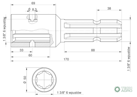 Redukcja wałka WOM adapter z otworem zabezpieczającym 1 3/8" 6 wpustów na wałek 1 3/8" 6 wpustów MORGA Redukcja wałka WOM adapter z otworem zabezpieczającym 1 3/8" 6 wpustów na wałek 1 3/8" 6 wpustów MORGA