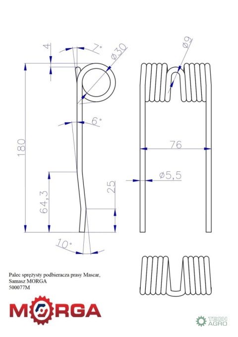 Palec sprężysty podbieracza prasy Mascar, Samasz 500.077 MISP-005-100 malowane proszkowo MORGA Palec sprężysty podbieracza prasy Mascar, Samasz 500.077 MISP-005-100 malowane proszkowo MORGA