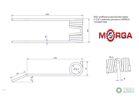 Palec podbieracza prasy kostkującej Z-224/1malowane proszkowo MORGA Palec podbieracza prasy kostkującej Z-224/1malowane proszkowo MORGA