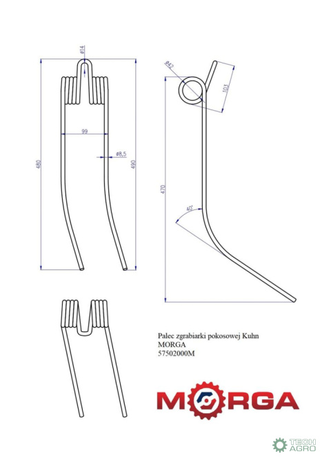 Palec zgrabiarki pokosowej 57502000 Kuhn malowane proszkowo MORGA Palec zgrabiarki pokosowej 57502000 Kuhn malowane proszkowo MORGA